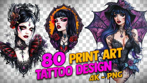 80 Tattoo Design Files and Print Art( PNG Files )-4K- High Quality