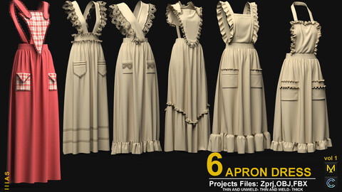 6 APRON DRESS VOL1 (MARVELOUS DESIGNER AND CLO3D)ZPRJ, OBJ, FBX,UV)