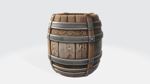 Stylized Wooden Barrel with Decorative Metal Bands