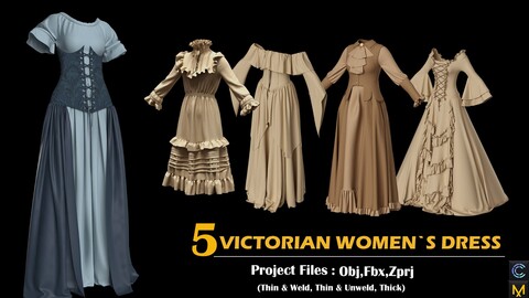 5 VICTORIAN WOMEN`S DRESS/Clo3d And Marvelous Designer/Project Files: Obj,Fbx,Zprj