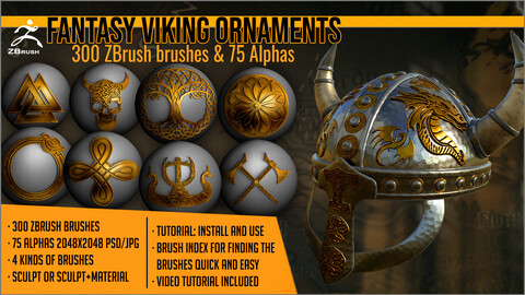 Fantasy Viking Ornaments Maker 300 ZBrush brushes and 75 alphas