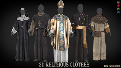 3D Religious clothing Monk, Nun, Priest, and Bishop | USD+ FBX+ OBJ+ ZPRJ+ Textures