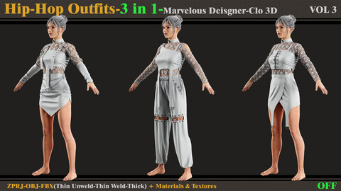 3 in 1 Hip-Hop Outfit-MD/Clo3d (OBJ+FBX+ZPRJ) + Smart Material + Textures-VOL 3