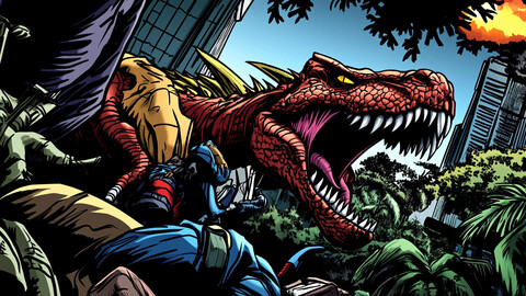 Rampaging Red Dinosaur in a Futuristic Jungle