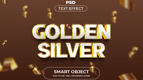 3D Golden Silver. PSD fully editable text effect. Layer style PSD mockup template