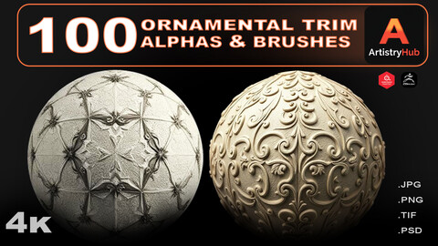 100 Ornamental Trim Alphas & Brushes For Substance Painter, Zbrush and Blender (COUPON Applied)