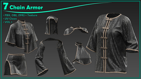 7 female chain armor with texture/ zprj+obj+fbx+4K PBR/ clo3d, marvelous designer/ vol1