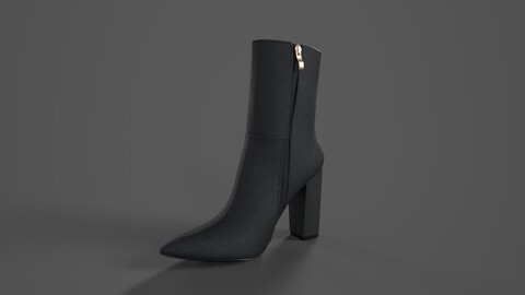 Pointed Toe Mid Calf Boots Black Pebble Low-Poly