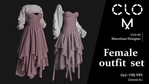 Female outfit set / Marvelous Designer/Clo3D project file + OBJ, FBX