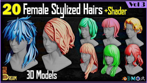 20 Female Stylized Hair 3D Models | Vol 3