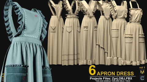 6 APRON DRESS VOL1 (MARVELOUS DESIGNER AND CLO3D)ZPRJ, OBJ, FBX,UV)