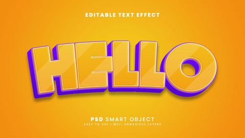 3D Hello. PSD fully editable text effect. Layer style PSD mockup template