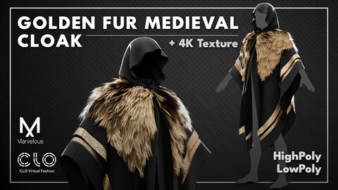 Golden Fur Medieval Cloak 3D Model , Marvelous / Clo3d + OBJ , FBX + 4K Textures