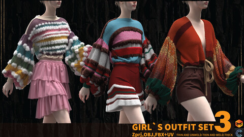 3 GIRL`S OUTFIT SET(MARVELOUS AND CLO3D)( ZPRJ,FBX,OBJ)