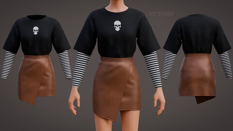 Goth Harajuku Stripes Skull T-Shirt and Brown Leather Mini Skirt Emo Outfit 3D Model