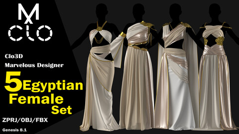 5 Female Egyptian Set / Clo3d / Marvelous designer / Project file / Obj / Fbx / Zprj