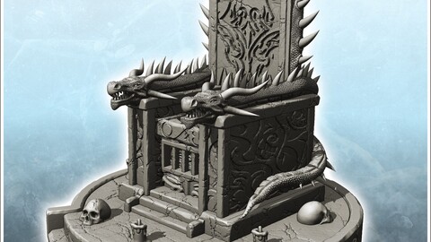 Evil throne with carved stone platform and dragon heads (7) | STL for 3D Printing