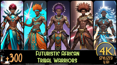 +300 Futuristic African Tribal Warriors | 4K Resolution | Manga Stylized Vol.121