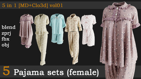 5 Pajama sets(female)[fbx+obj+zprj+blend][md+clo]vol01