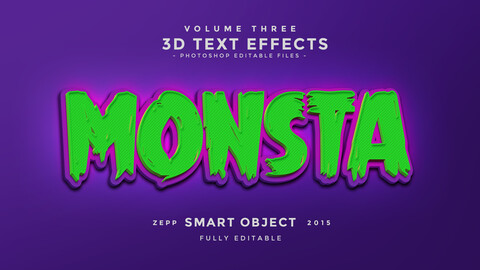 3D Monsta PSD fully editable text effect. Layer style PSD mockup template.