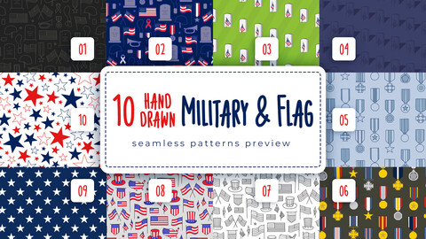 Collection Hand Drawn Military, Flag Seamless Pattern, Patriotic Celebration, USA Textures, Vector Illustration