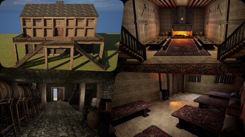 Medieval Celtic Village House and Barn Exterior Interior