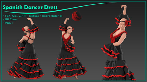 female Spanish dancer dress with texture and smart material/ zprj+obj+fbx+4K PBR+SPSM/ clo3d, marvelous designer/ vol1