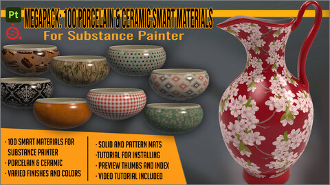 Megapack: 100 Porcelain and Ceramic smart materials for Substance Painter