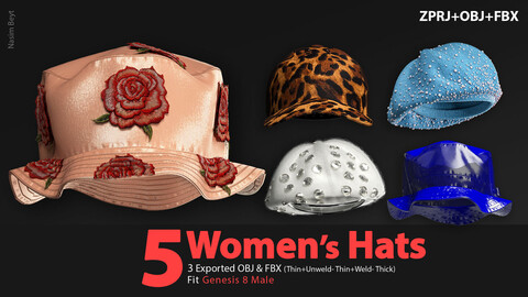 5 Women's Hats (VOL.02). Marvelous Designer/Clo3D project file+OBJ,FBX