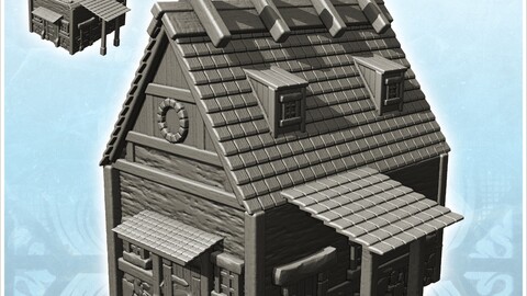 Medieval building with side awning and wooden motifs on roof (9) | STL for 3D Printing Printer | Hard Surface