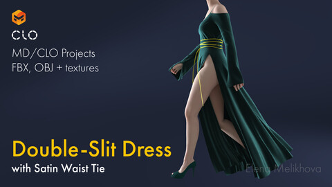 Stylized Fantasy Dress: Dual Slit, Satin Belt | Female Double-Slit Dress with with Waist Tie | Women's outfut