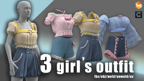 3 girl's outfit/crops and jeans/clo3d/marvelous