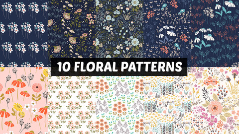 10 Floral Seamless Patterns, Vibrant Textile Botanical Art, EPS File