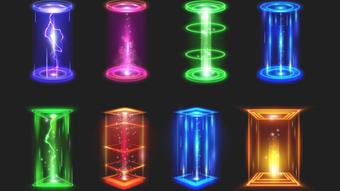 Futuristic Portals Energy Beams, Neon Lightning Effects, Neon Aesthetics Vector EPS File