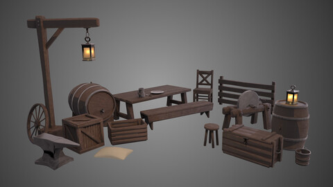 Medieval wooden village props