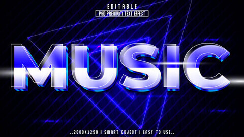 3D Music. PSD fully editable text effect. Layer style PSD mockup template