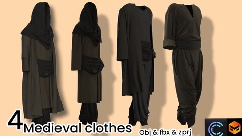 3d medieval clothes - Ready for use in game engines and animation software    - Marvelous Designer/Clo3D file - (a-pose, Zprj)    - OBJ files (thin unweld / thick unweld)    - FBX files (thin unweld / thick unweld)