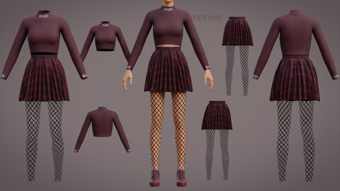 3D Grunge Fishnet Outfit - Turtleneck Crop top Plaid Pleated Skirt Fishnet Tights Gothic Clothing