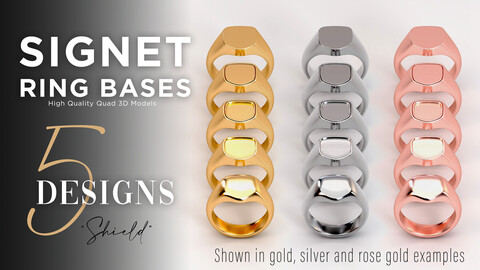 5 High Quality OBJ Signet Ring Bases - "Shield" design