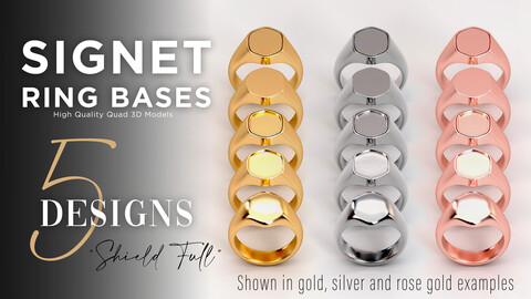 5 High Quality OBJ Signet Ring Bases - "Shield Full" design