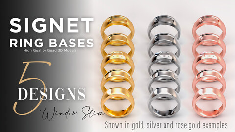 5 High Quality OBJ Signet Ring Bases - "Window Slim" Design