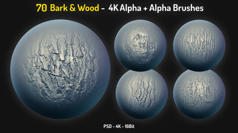 70 Wood & Bark Alpha Brushes + 70 4K PSD Alphas - Vol.1