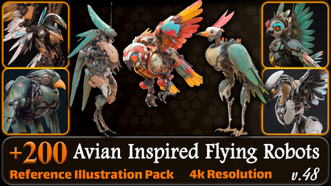 200 Fantasy Avian Inspired Flying Robots Reference Pack | 4K | v.48