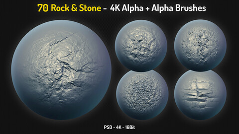 70 Rock & Stone Alpha Brushes + 70 4K PSD Alphas - Vol.2