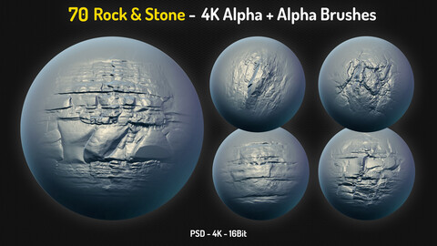 70 Rock & Stone Alpha Brushes + 70 4K PSD Alphas - Vol.3