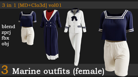 3 Marine outfits(female)[fbx+obj+zprj+blend][md+clo]vol01