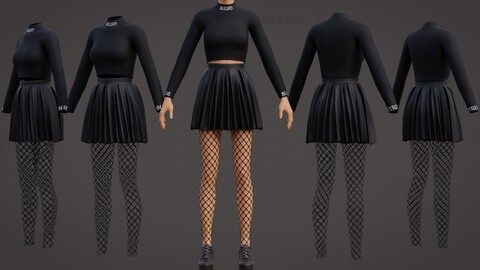 3D Goth Fishnet Outfit - Turtleneck Crop top Pleated Metallic Leather Skirt Fishnet Tights Grunge Clothing