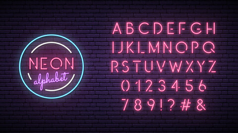 Neon alphabet letters numbers, Glow Pink Futuristic Illuminated Font, Urban Electric Neon Lights, EPS File