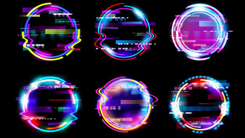 Glitched Neon Circular Frames, Abstract Circles, Holographic Technology, Bright Light, EPS