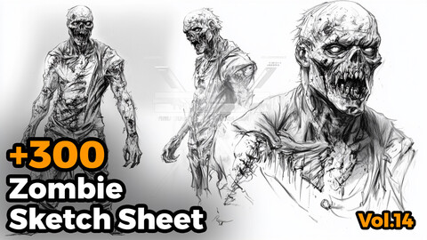 +300 Zombie Sketch Sheet Reference Images(4k)